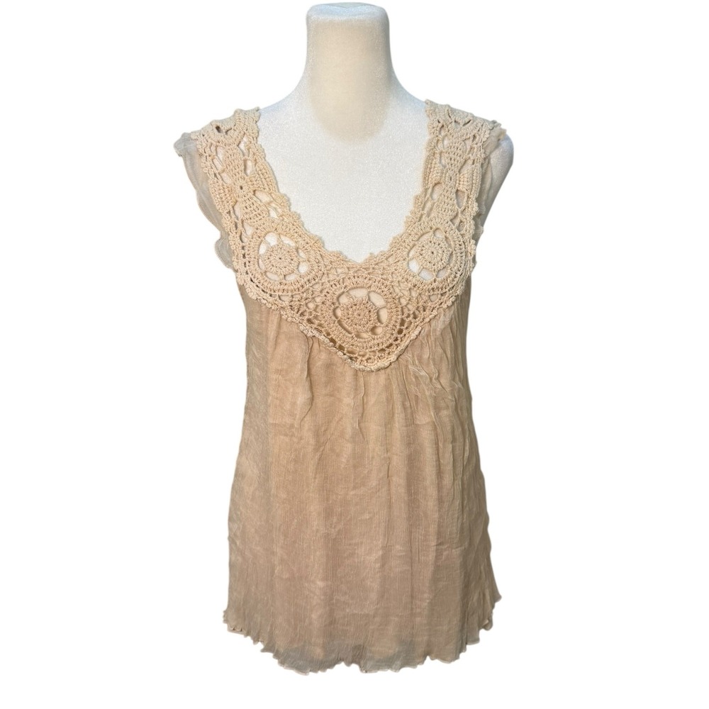 Vintage Y2K Boho Crochet Lace Babydoll Tank Top Women M Silk Beige Festival - Picture 2 of 13